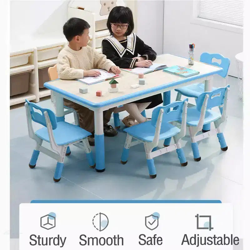 Table et chaise pour enfants, table et 6 chaises réglables en hauteur pour enfants de 2 à 10 ans, table d'activités pour enfants supportant jusqu'à 136 kg, bleue