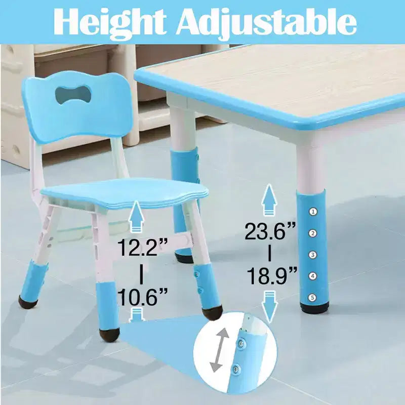 Table et chaise pour enfants, table et 6 chaises réglables en hauteur pour enfants de 2 à 10 ans, table d'activités pour enfants supportant jusqu'à 136 kg, bleue
