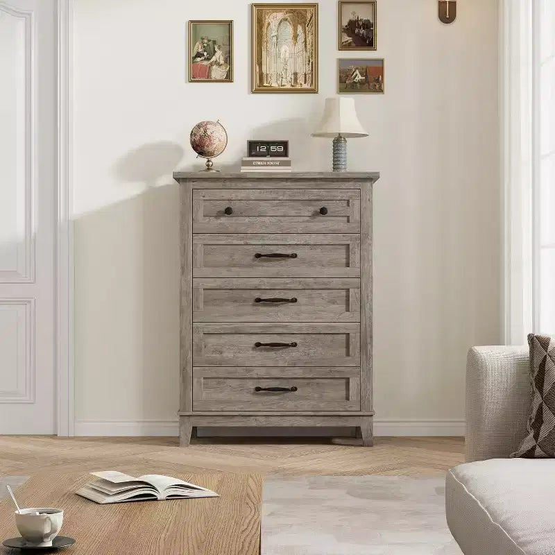 Commode à 5 tiroirs pour chambre, commode verticale de 104,9 cm de hauteur avec grand espace de rangement, commode de placard autonome en bois pour chambre, salon