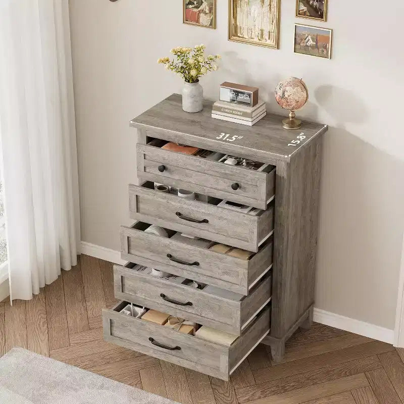 Commode à 5 tiroirs pour chambre, commode verticale de 104,9 cm de hauteur avec grand espace de rangement, commode de placard autonome en bois pour chambre, salon