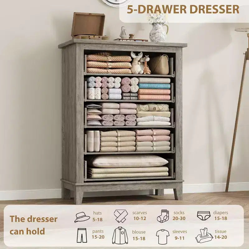 Commode à 5 tiroirs pour chambre, commode verticale de 104,9 cm de hauteur avec grand espace de rangement, commode de placard autonome en bois pour chambre, salon
