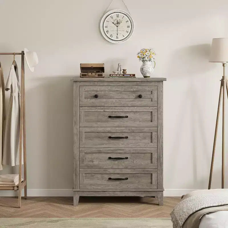 Commode à 5 tiroirs pour chambre, commode verticale de 104,9 cm de hauteur avec grand espace de rangement, commode de placard autonome en bois pour chambre, salon