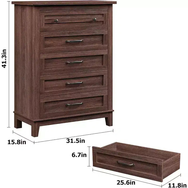 Commode à 5 tiroirs pour chambre, commode verticale de 104,9 cm de hauteur avec grand espace de rangement, commode de placard autonome en bois pour chambre, salon