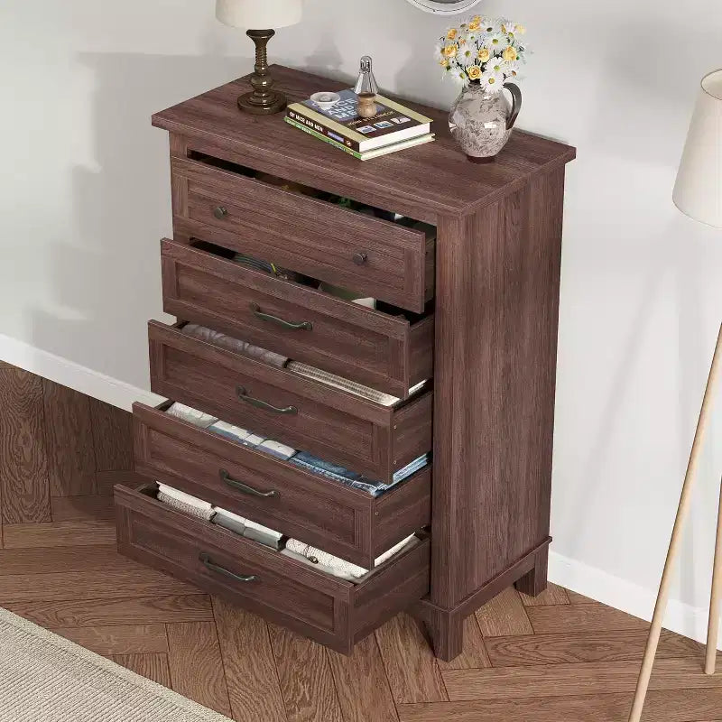 Commode à 5 tiroirs pour chambre, commode verticale de 104,9 cm de hauteur avec grand espace de rangement, commode de placard autonome en bois pour chambre, salon