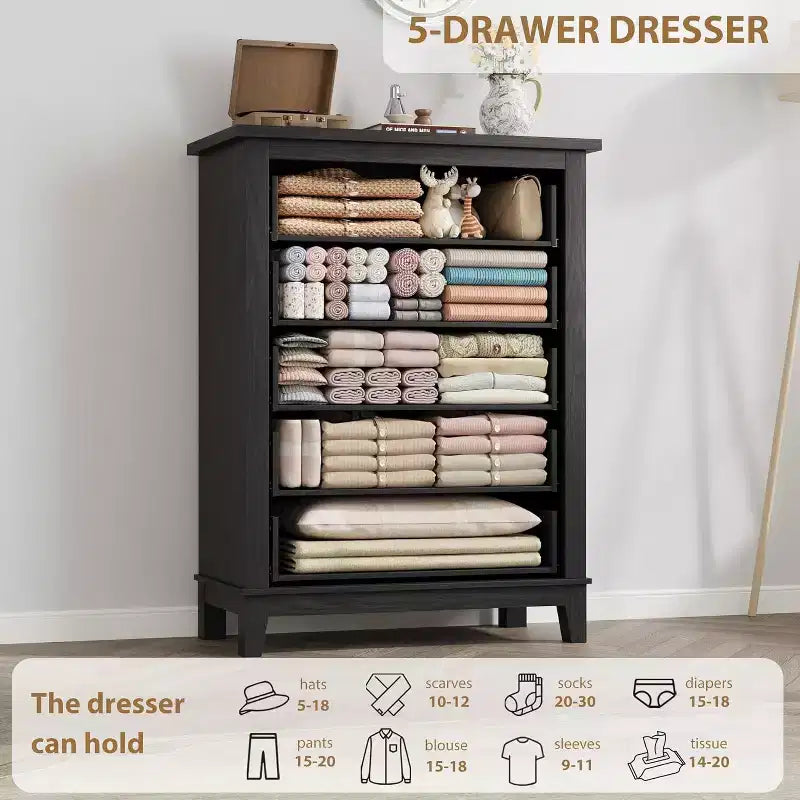 Commode à 5 tiroirs pour chambre, commode verticale de 104,9 cm de hauteur avec grand espace de rangement, commode de placard autonome en bois pour chambre, salon
