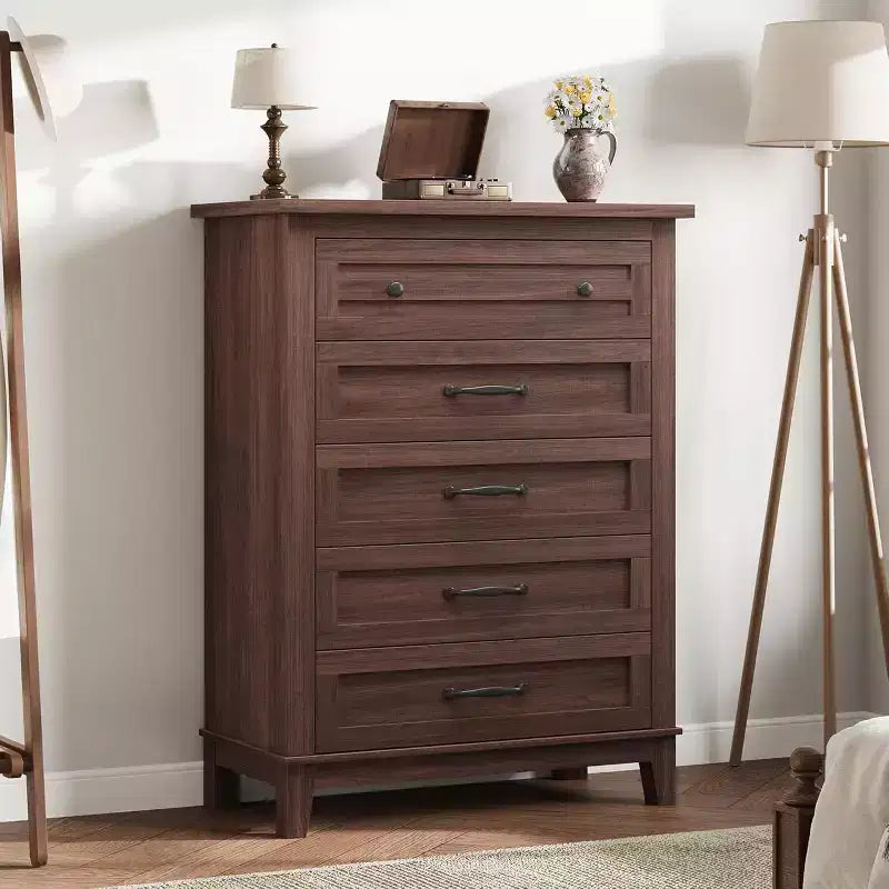 Commode à 5 tiroirs pour chambre, commode verticale de 104,9 cm de hauteur avec grand espace de rangement, commode de placard autonome en bois pour chambre, salon