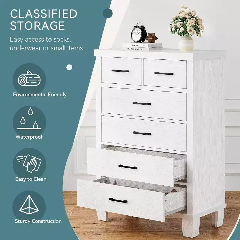 Commode à 6 tiroirs pour chambre à coucher, commode haute grise de 45 po avec rangement, commode en bois pour placard de chambre à coucher, salon, entrée