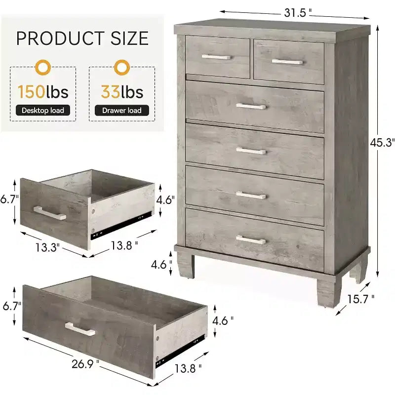 Commode à 6 tiroirs pour chambre à coucher, commode haute grise de 45 po avec rangement, commode en bois pour placard de chambre à coucher, salon, entrée