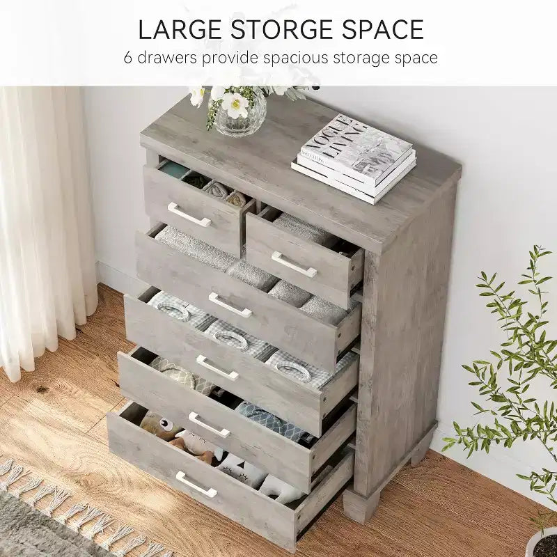 Commode à 6 tiroirs pour chambre à coucher, commode haute grise de 45 po avec rangement, commode en bois pour placard de chambre à coucher, salon, entrée