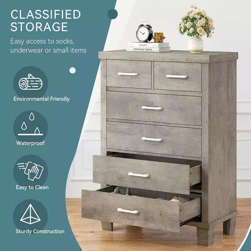 Commode à 6 tiroirs pour chambre à coucher, commode haute grise de 45 po avec rangement, commode en bois pour placard de chambre à coucher, salon, entrée