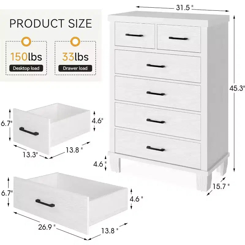 Commode à 6 tiroirs pour chambre à coucher, commode haute grise de 45 po avec rangement, commode en bois pour placard de chambre à coucher, salon, entrée