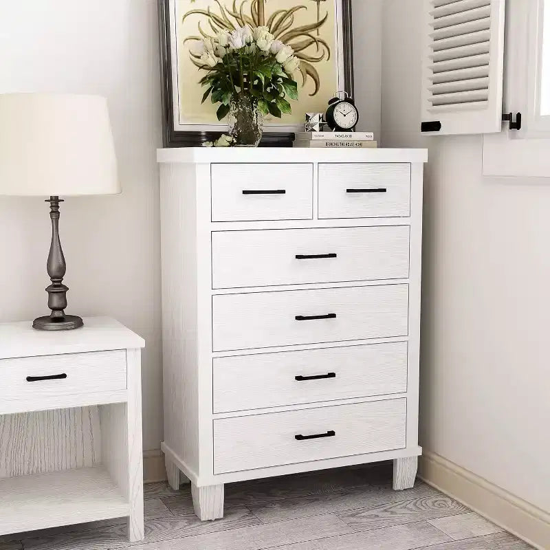 Commode à 6 tiroirs pour chambre à coucher, commode haute grise de 45 po avec rangement, commode en bois pour placard de chambre à coucher, salon, entrée