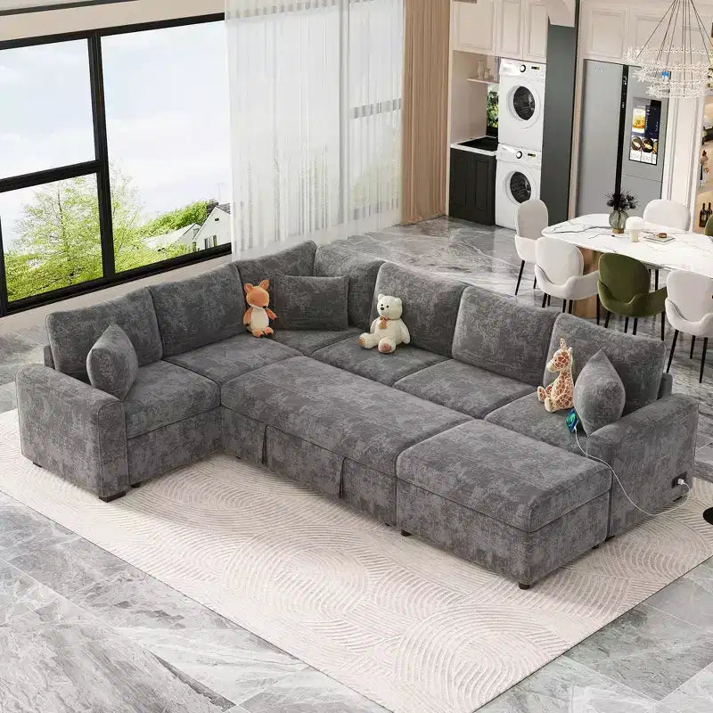 112.2 Canapé convertible moderne avec pouf de rangement et trois coussins