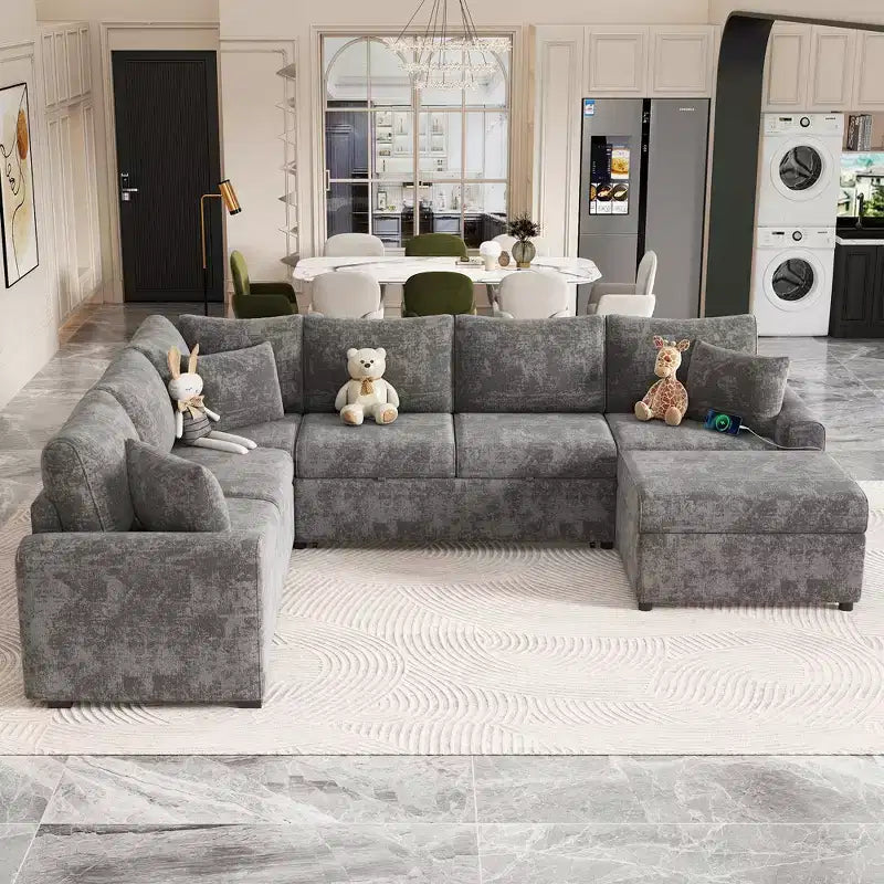 112.2 Canapé convertible moderne avec pouf de rangement et trois coussins
