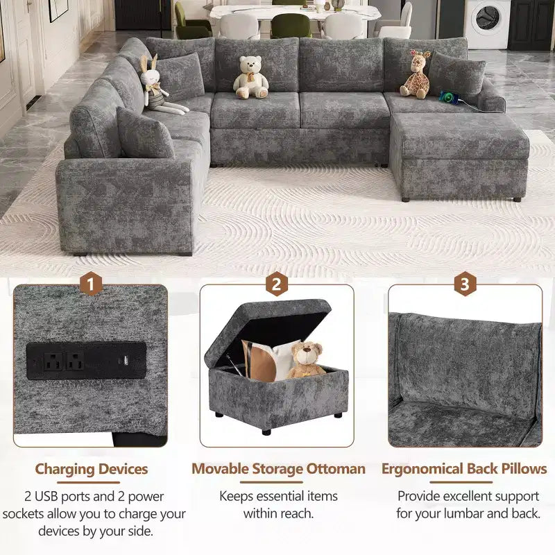 112.2 Canapé convertible moderne avec pouf de rangement et trois coussins