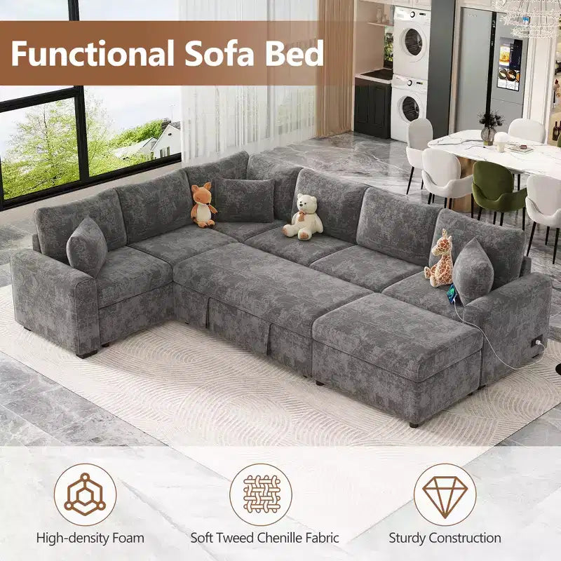 112.2 Canapé convertible moderne avec pouf de rangement et trois coussins