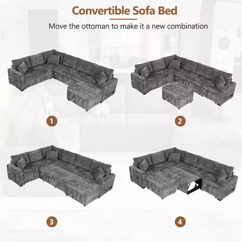 112.2 Canapé convertible moderne avec pouf de rangement et trois coussins