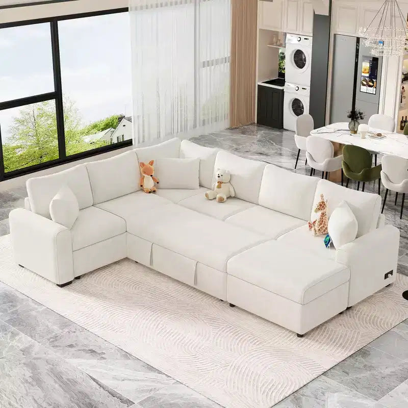 112.2 Canapé convertible moderne avec pouf de rangement et trois coussins