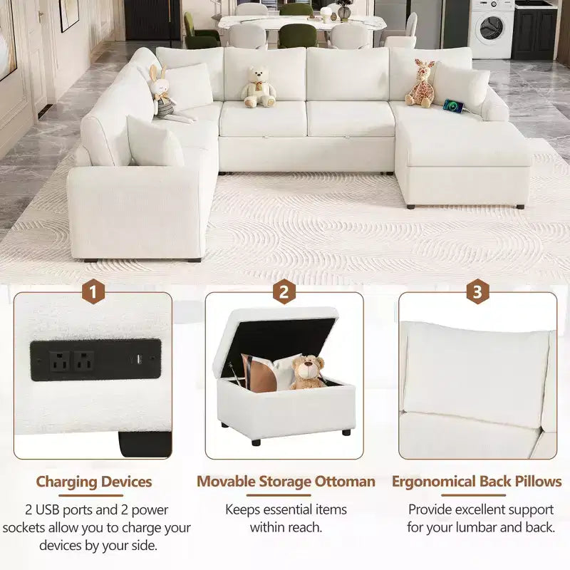 112.2 Canapé convertible moderne avec pouf de rangement et trois coussins