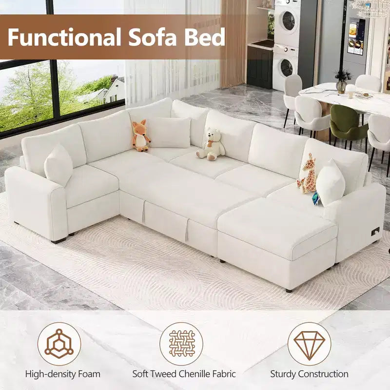 112.2 Canapé convertible moderne avec pouf de rangement et trois coussins