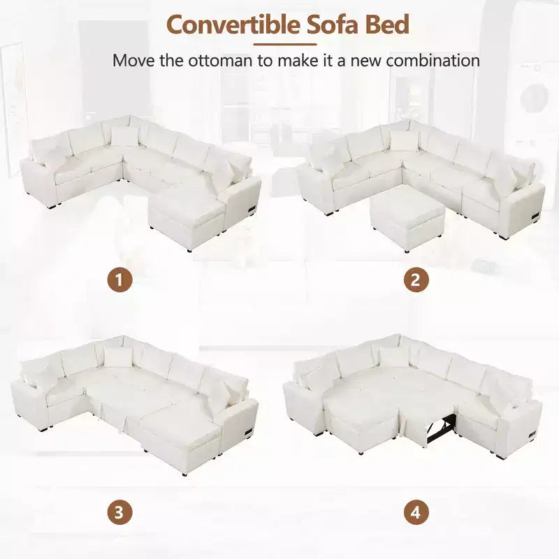 112.2 Canapé convertible moderne avec pouf de rangement et trois coussins