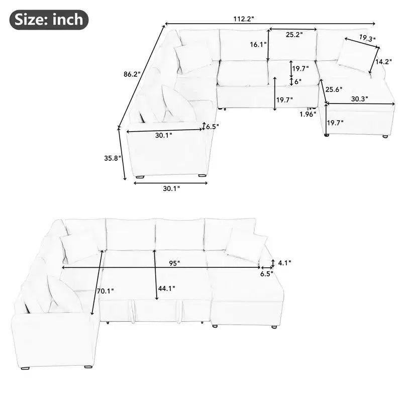 112.2 Canapé convertible moderne avec pouf de rangement et trois coussins