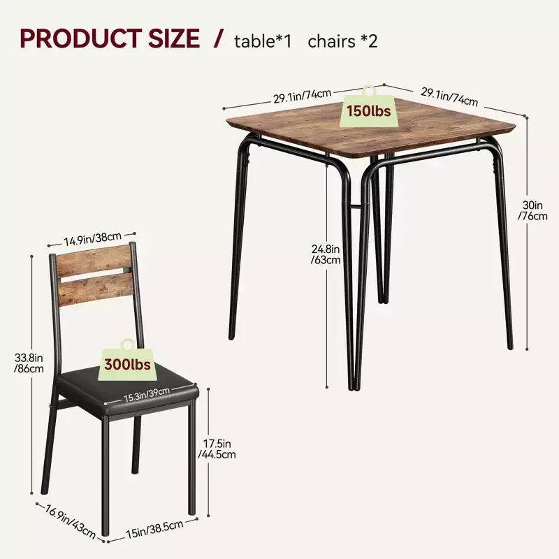 Table de salle à manger pour 2, petite table à manger carrée pour 2, dinette moderne en bois peu encombrante avec rembourrage, ensemble de salle à manger 3 pièces