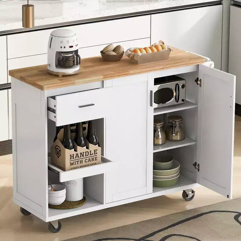 Îlot de cuisine avec plan de travail rabattable Chariot de rangement de cuisine avec étagère coulissante Porte-serviettes et tiroir Chariot de cuisine roulant sur roues Blanc