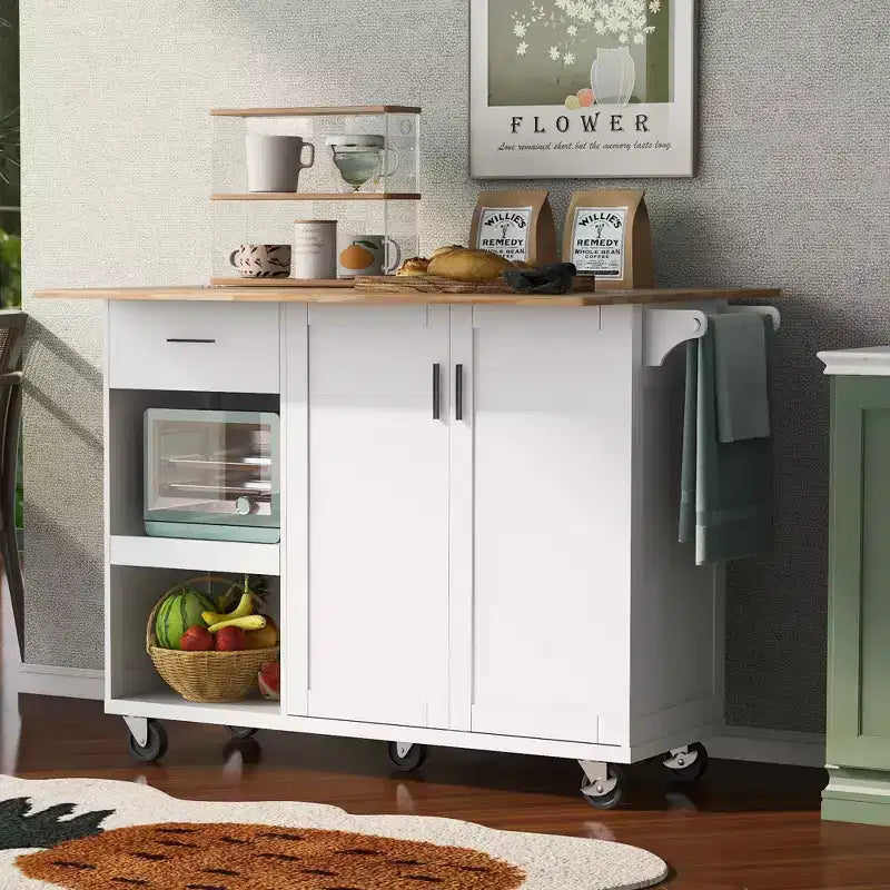 Îlot de cuisine avec plan de travail rabattable Chariot de rangement de cuisine avec étagère coulissante Porte-serviettes et tiroir Chariot de cuisine roulant sur roues Blanc