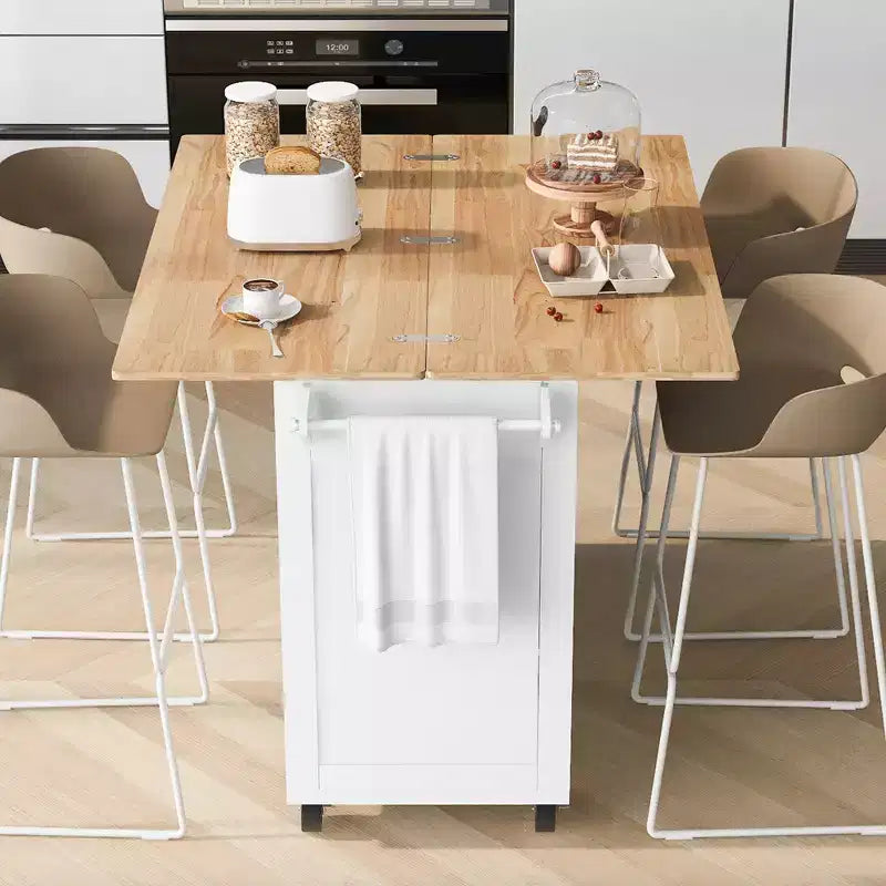 Îlot de cuisine avec plan de travail rabattable Chariot de rangement de cuisine avec étagère coulissante Porte-serviettes et tiroir Chariot de cuisine roulant sur roues Blanc