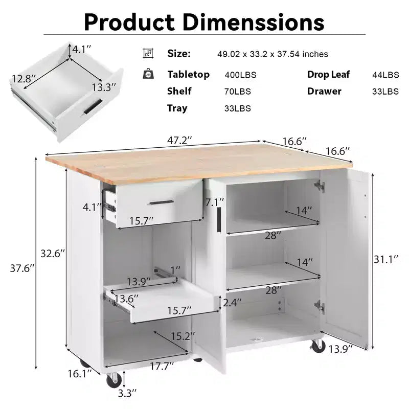 Îlot de cuisine avec plan de travail rabattable Chariot de rangement de cuisine avec étagère coulissante Porte-serviettes et tiroir Chariot de cuisine roulant sur roues Blanc