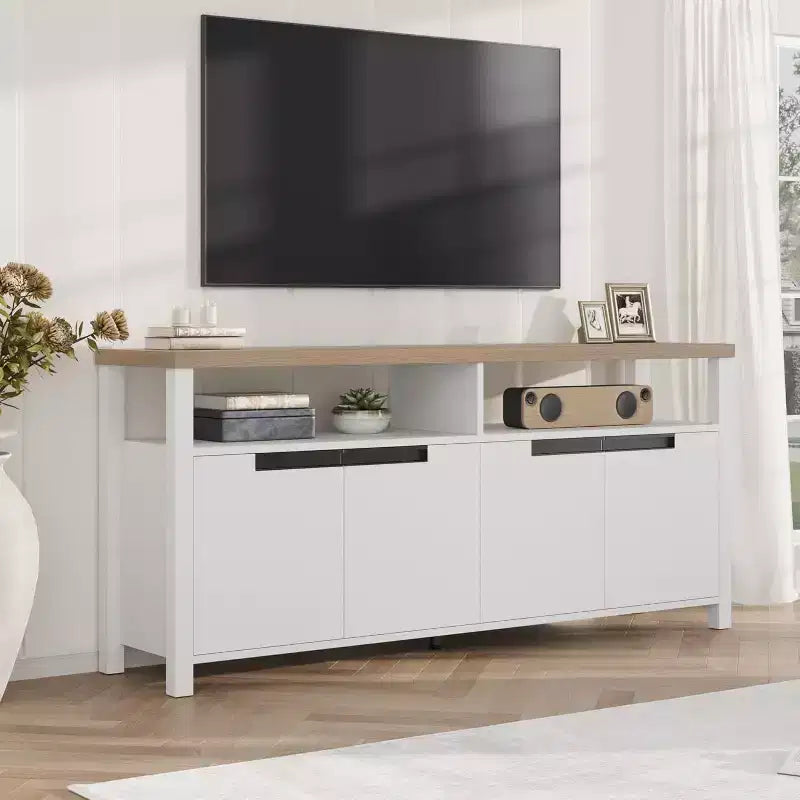 Meuble TV de 160 cm pour téléviseurs jusqu'à 70 pouces, console multimédia de style campagnard avec rangements et étagères réglables, centre de divertissement