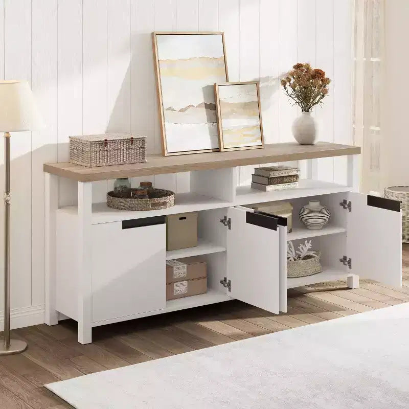 Meuble TV de 160 cm pour téléviseurs jusqu'à 70 pouces, console multimédia de style campagnard avec rangements et étagères réglables, centre de divertissement