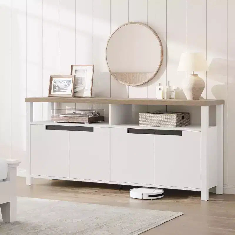 Meuble TV de 160 cm pour téléviseurs jusqu'à 70 pouces, console multimédia de style campagnard avec rangements et étagères réglables, centre de divertissement