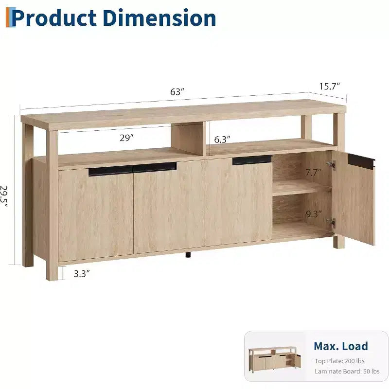 Meuble TV de 160 cm pour téléviseurs jusqu'à 70 pouces, console multimédia de style campagnard avec rangements et étagères réglables, centre de divertissement