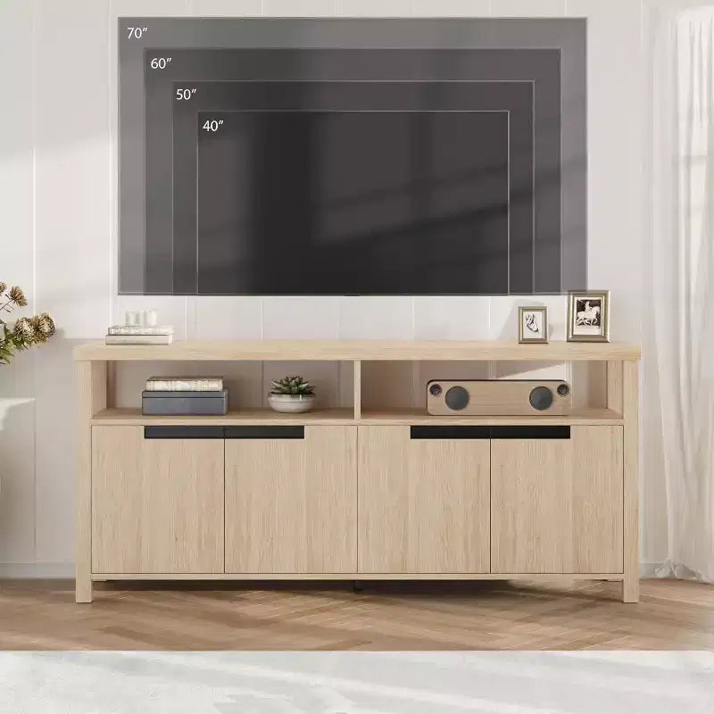 Meuble TV de 160 cm pour téléviseurs jusqu'à 70 pouces, console multimédia de style campagnard avec rangements et étagères réglables, centre de divertissement