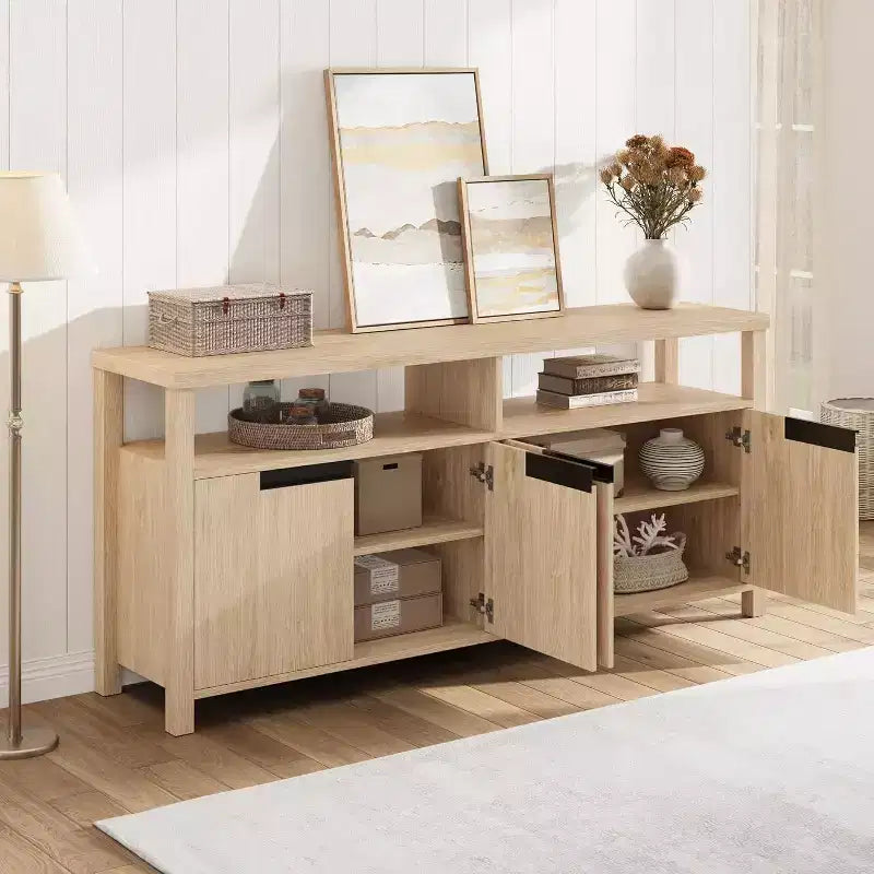 Meuble TV de 160 cm pour téléviseurs jusqu'à 70 pouces, console multimédia de style campagnard avec rangements et étagères réglables, centre de divertissement