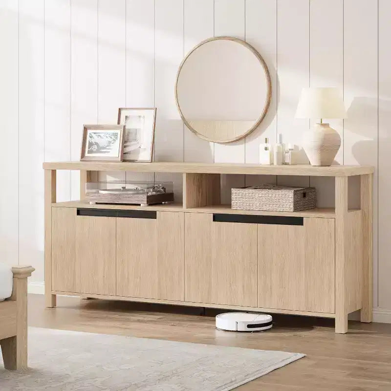 Meuble TV de 160 cm pour téléviseurs jusqu'à 70 pouces, console multimédia de style campagnard avec rangements et étagères réglables, centre de divertissement