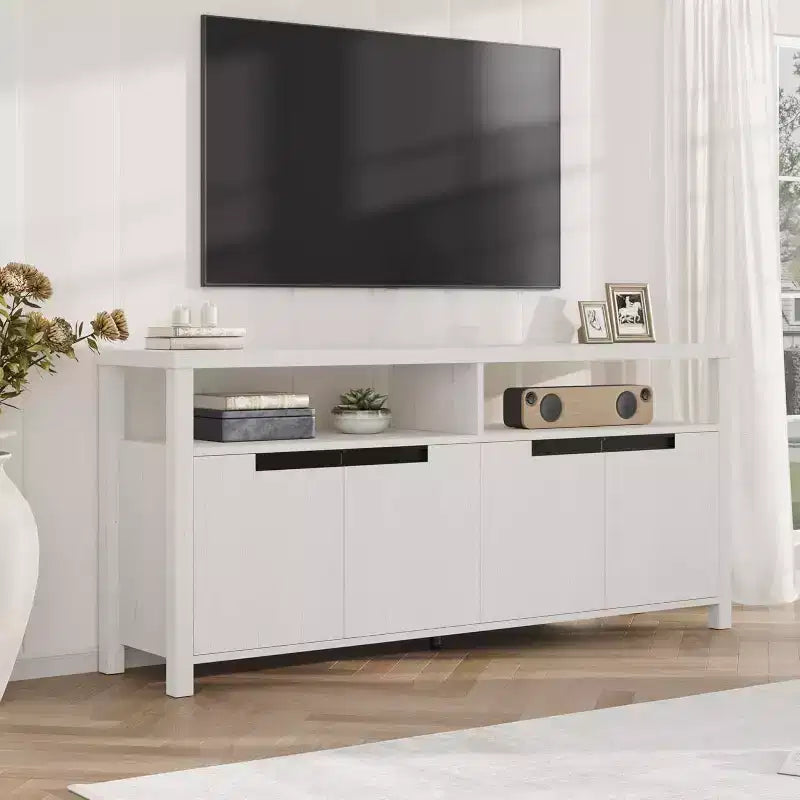 Meuble TV de 160 cm pour téléviseurs jusqu'à 70 pouces, console multimédia de style campagnard avec rangements et étagères réglables, centre de divertissement