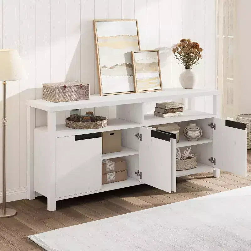 Meuble TV de 160 cm pour téléviseurs jusqu'à 70 pouces, console multimédia de style campagnard avec rangements et étagères réglables, centre de divertissement