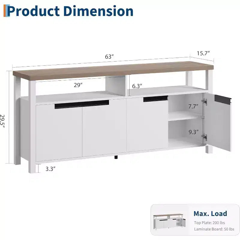 Meuble TV de 160 cm pour téléviseurs jusqu'à 70 pouces, console multimédia de style campagnard avec rangements et étagères réglables, centre de divertissement