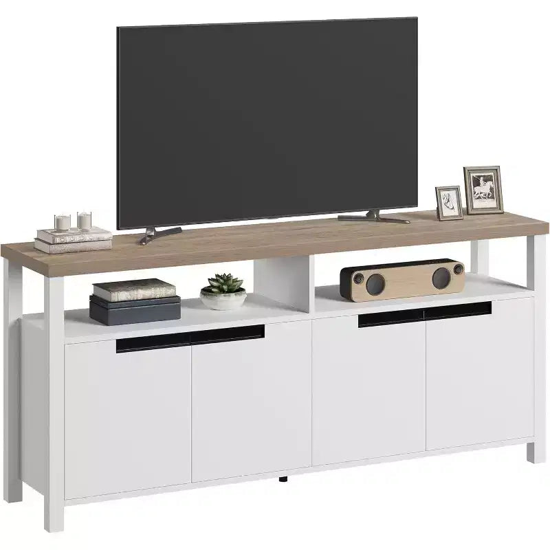 Meuble TV de 160 cm pour téléviseurs jusqu'à 70 pouces, console multimédia de style campagnard avec rangements et étagères réglables, centre de divertissement