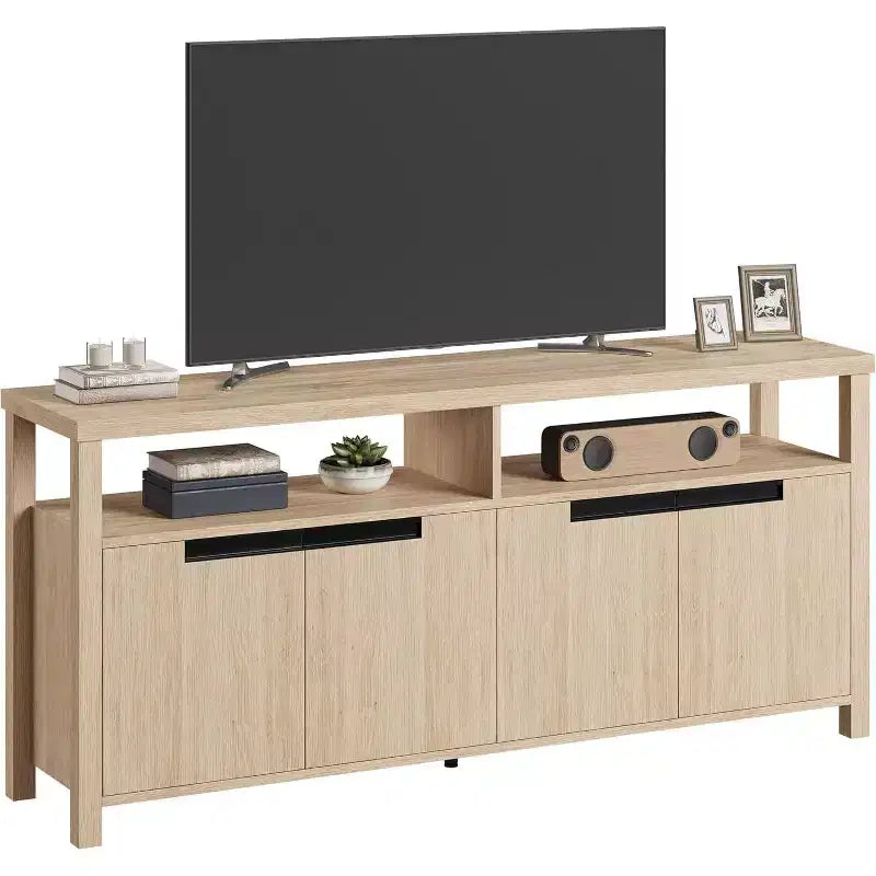 Meuble TV de 160 cm pour téléviseurs jusqu'à 70 pouces, console multimédia de style campagnard avec rangements et étagères réglables, centre de divertissement