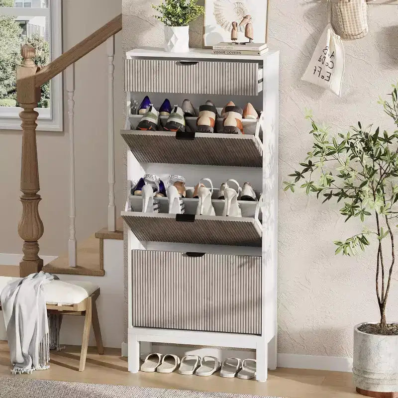 Meuble à chaussures à 3 tiroirs basculants, style ferme, avec pieds en métal, rangement fin et étroit sur pied