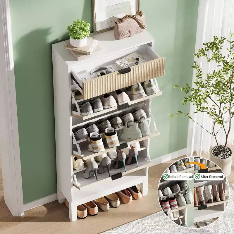 Meuble à chaussures à 3 tiroirs basculants, style ferme, avec pieds en métal, rangement fin et étroit sur pied