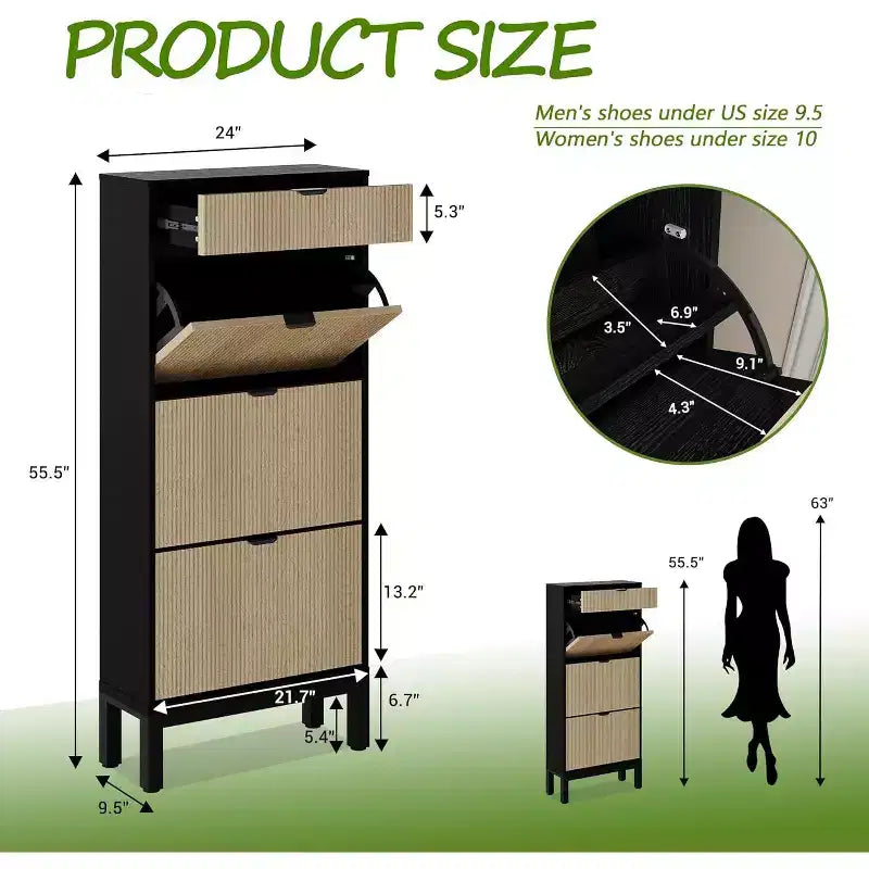 Meuble à chaussures à 3 tiroirs basculants, style ferme, avec pieds en métal, rangement fin et étroit sur pied