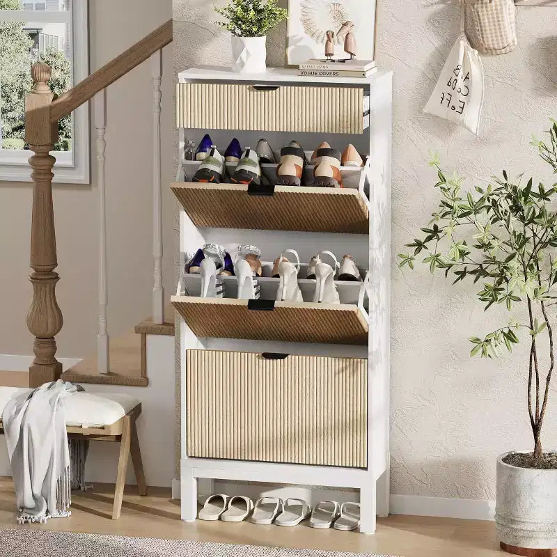 Meuble à chaussures à 3 tiroirs basculants, style ferme, avec pieds en métal, rangement fin et étroit sur pied