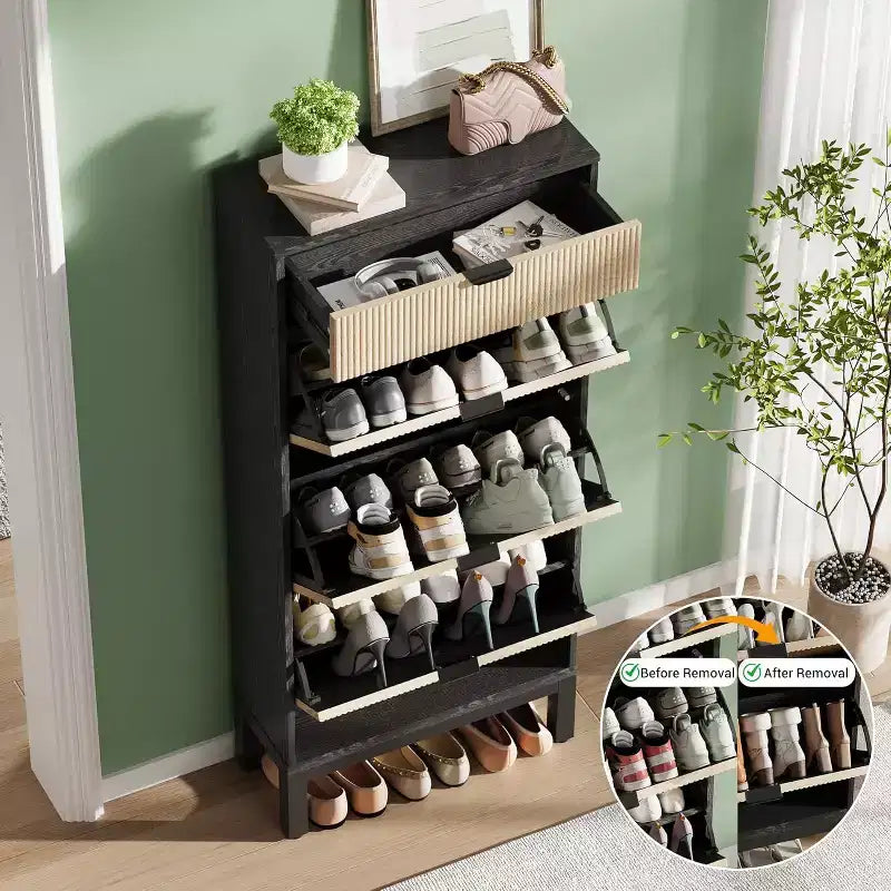Meuble à chaussures à 3 tiroirs basculants, style ferme, avec pieds en métal, rangement fin et étroit sur pied