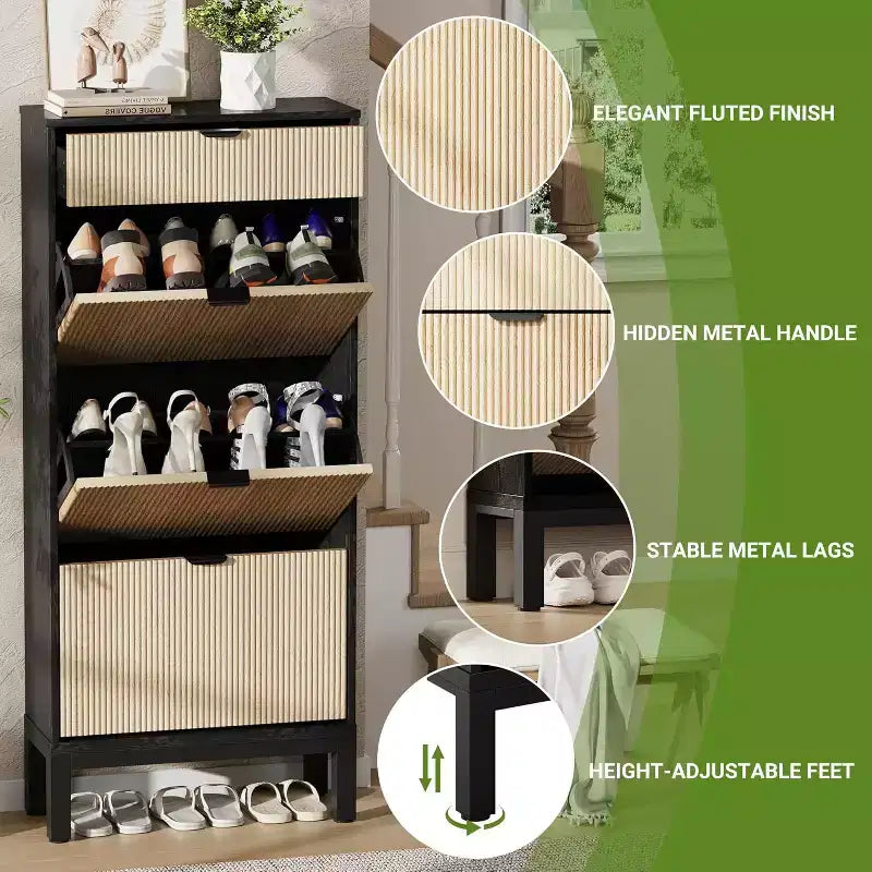 Meuble à chaussures à 3 tiroirs basculants, style ferme, avec pieds en métal, rangement fin et étroit sur pied