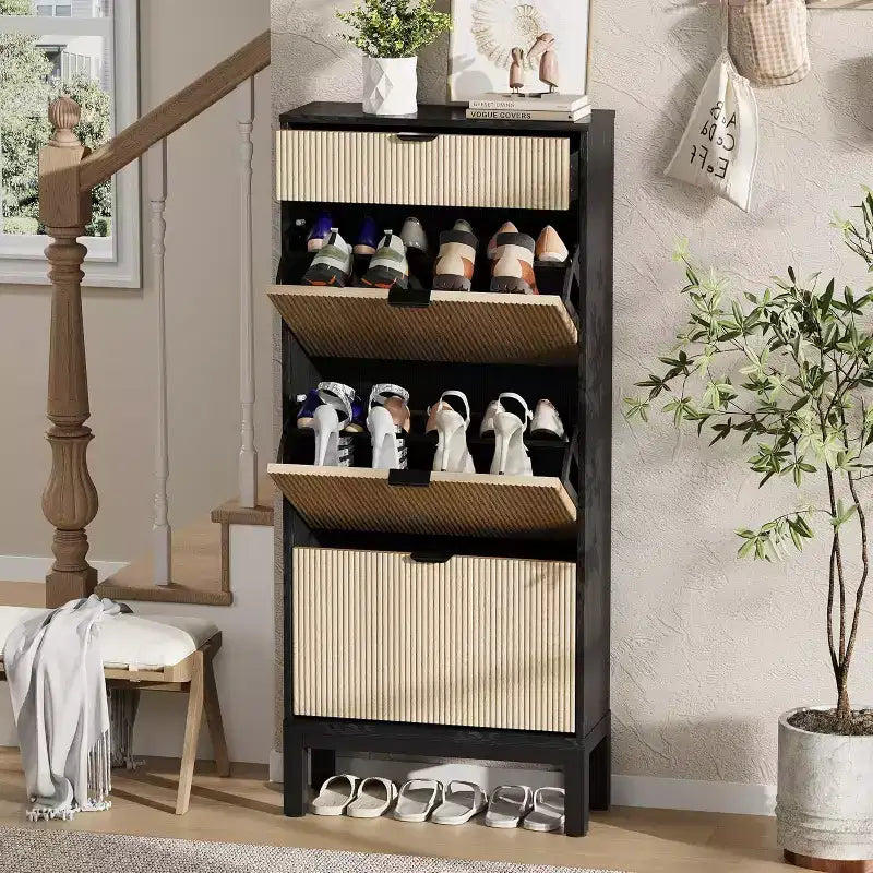 Meuble à chaussures à 3 tiroirs basculants, style ferme, avec pieds en métal, rangement fin et étroit sur pied